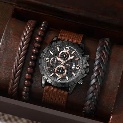 4 pcs/set men's new watch set cool fake Three-eye quartz watch + All-match beaded woven bracelet