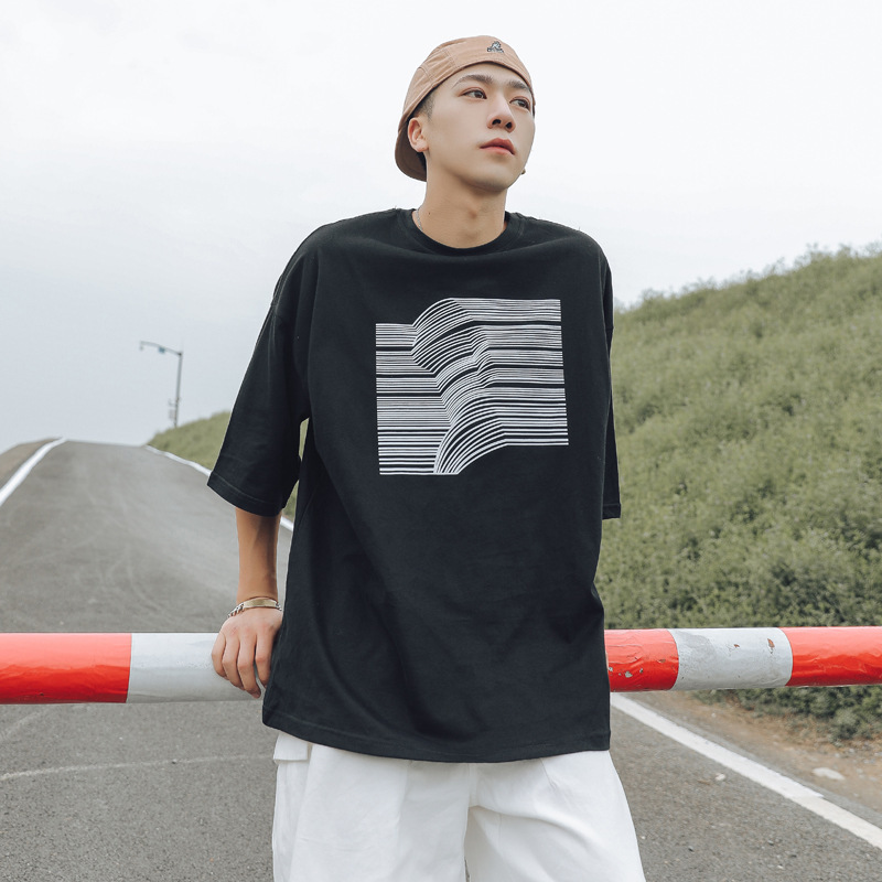 Factory Direct Supply Summer Stripe Printed Short-sleeved T-shirt Men's Fashion Brand Handsome Round Neck Half-sleeved Loose ins T-shirt