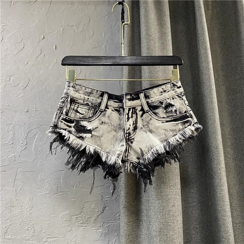 2023 new summer low waist light gray ripped frayed A- line hot pants Korean style women's personalized Denim shorts for women