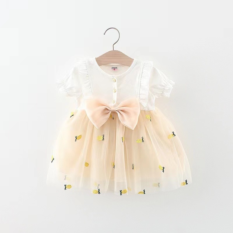 1547 New Girls' 2023 Baby Girl Summer Dress Solid Color Pineapple Mesh Stitching Dress Girls' Hair