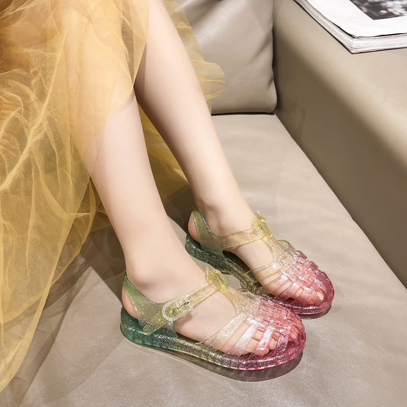 European and American Cross-border New Children's Shoes Women's Children's Cave Shoes Baotou Jelly Baby's Roman Shoes Simple Contrast Color Sandals