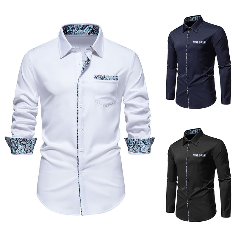 Amazon new men's triangle collar cashew flower color matching long sleeve shirt A355