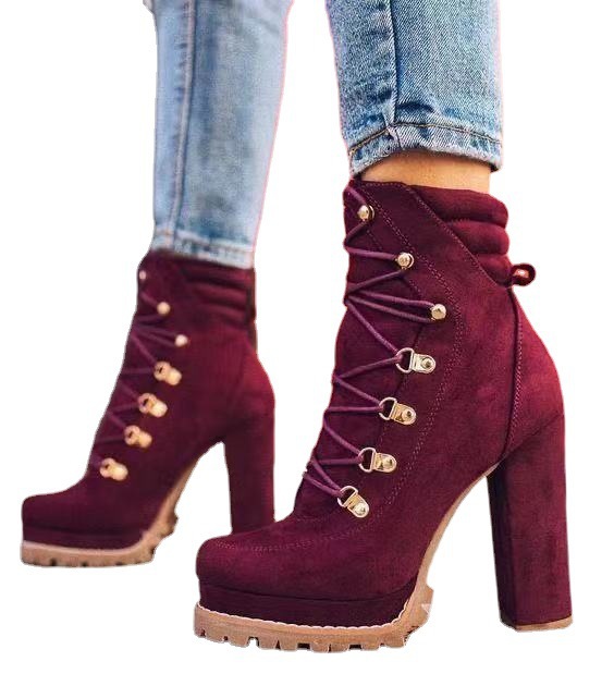 Cross-border Foreign Trade Large Size 2021 Autumn and Winter AliExpress High-heeled Lace-up Rivet Ankle Boots European and American Suede Martin Boots