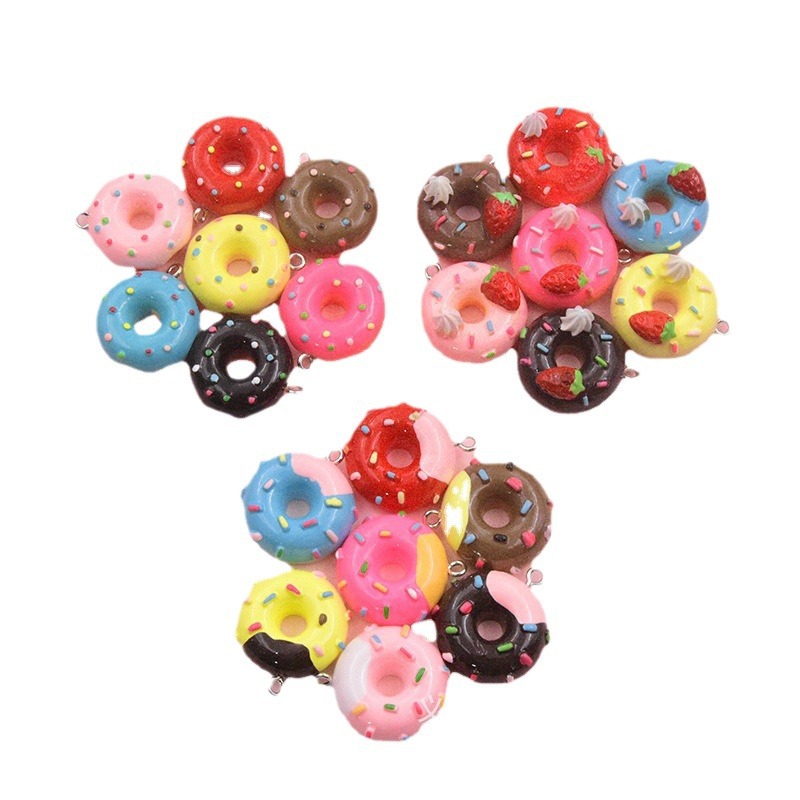 Resin Donut Pendant Simulation Cheese Strawberry Double Color Donut Keychain Pendant DIY Jewelry Accessories