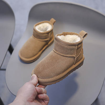 Korean style children's snow boots baby boys' high-top cotton shoes fleece-lined thick warm baby shoes genuine leather cotton boots girls' shoes