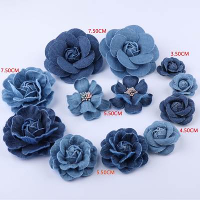 Manufacturer in stock fake flower denim fabric flower 7.5/5.5/4.5/3.5CM Camellia clothing decorative flower accessories