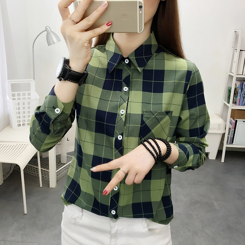 Printed Plaid Shirt Women's Shirt Korean-style Hong Kong-style Base Shirt Top Cardigan Long-sleeved Shirt Fashion Plaid Shirt