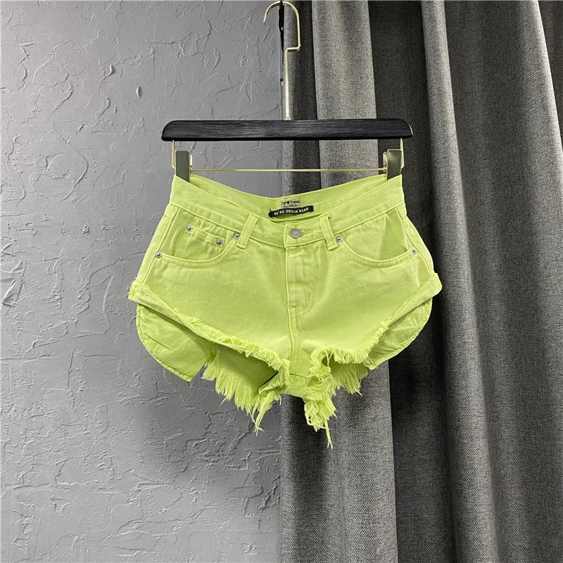 2024 New Women's Clothing Korean Style Distinctive Low Waist Pink Denim Shorts Distinctive Pocket Wide Leg Hot Pants A- line Pants