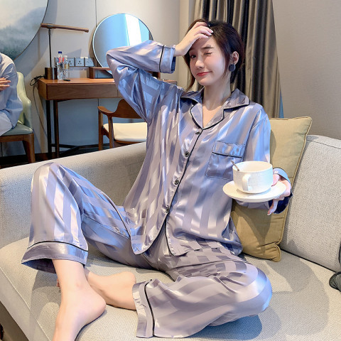 Striped silk-like ice silk pajamas women's Korean-style jacquard home wear new two-piece live delivery cross-border wholesale