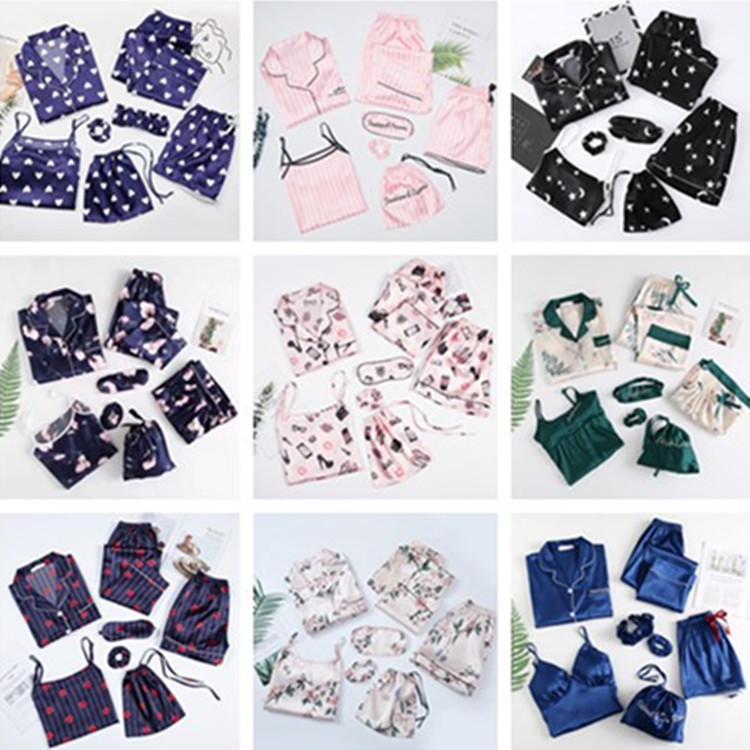 2023 foreign trade manufacturers direct supply four seasons can wear seven-piece silk pajamas Women's Spring and Autumn long sleeve cardigan home clothes