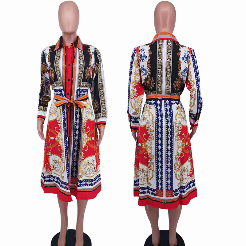 887 foreign trade Amazon retro ethnic women's clothing European and American printed long sleeve shirt African dress autumn