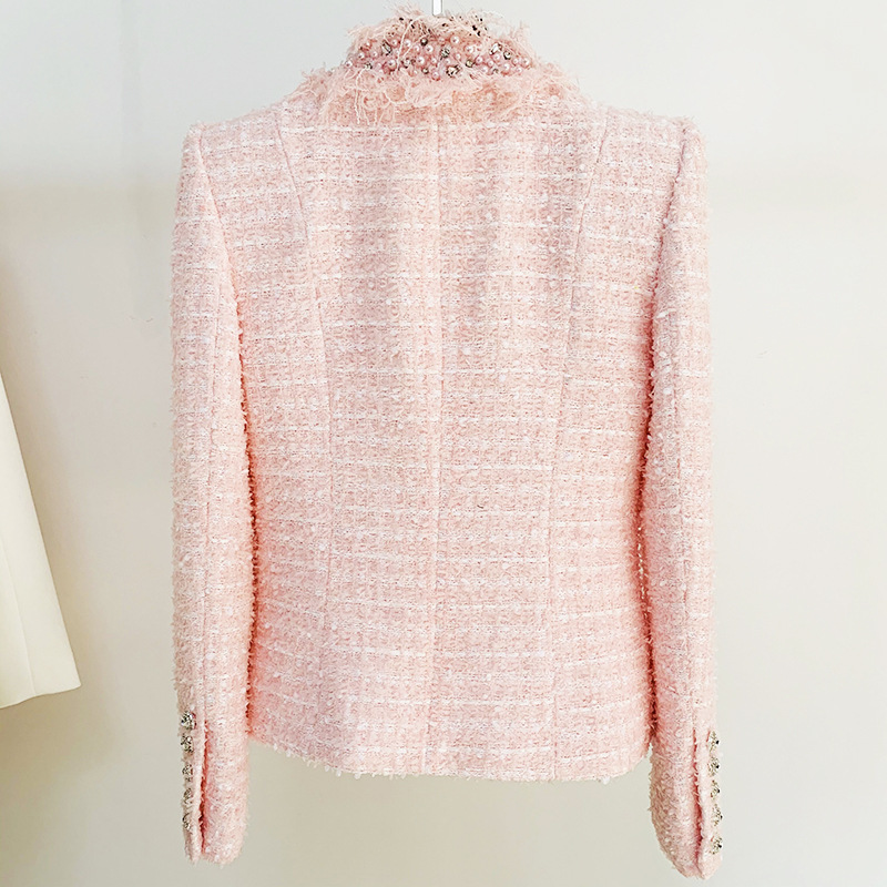 Spot 2024 Autumn and Winter New European and American Star Tweed Diamond Buckle Streamer Edge Heavy Industry Beaded Jacket Coat_voghion.com