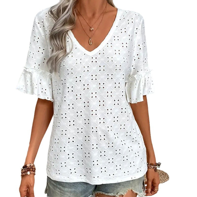 Cross-border foreign trade women's knitted embroidery hollow ruffled V-neck short sleeve jacket women's T-shirt women's spring and autumn a generation of hair