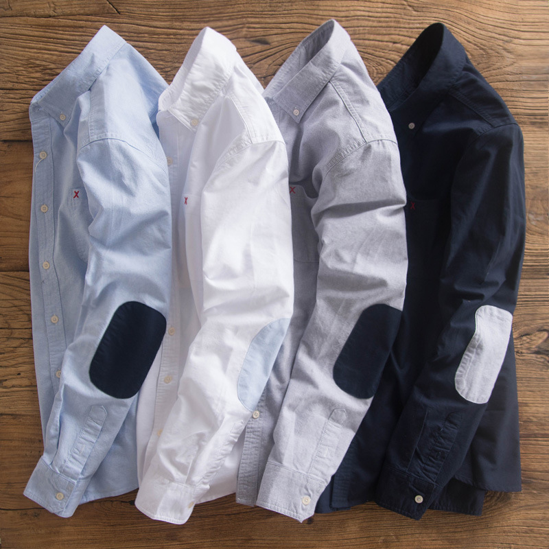Pure Cotton Oxford Spinning Shirt Men's Long-sleeved Japanese Style Retro Elbow Patched Shirt Men's Yu Wenle Trendy Brand Top