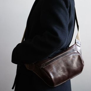New Retro Vegetable Tanned Leather Casual Men's and Women's Universal Waist Bag Plaster Bark Crossbody Chest Bag Personalized Cowhide Shoulder Bag