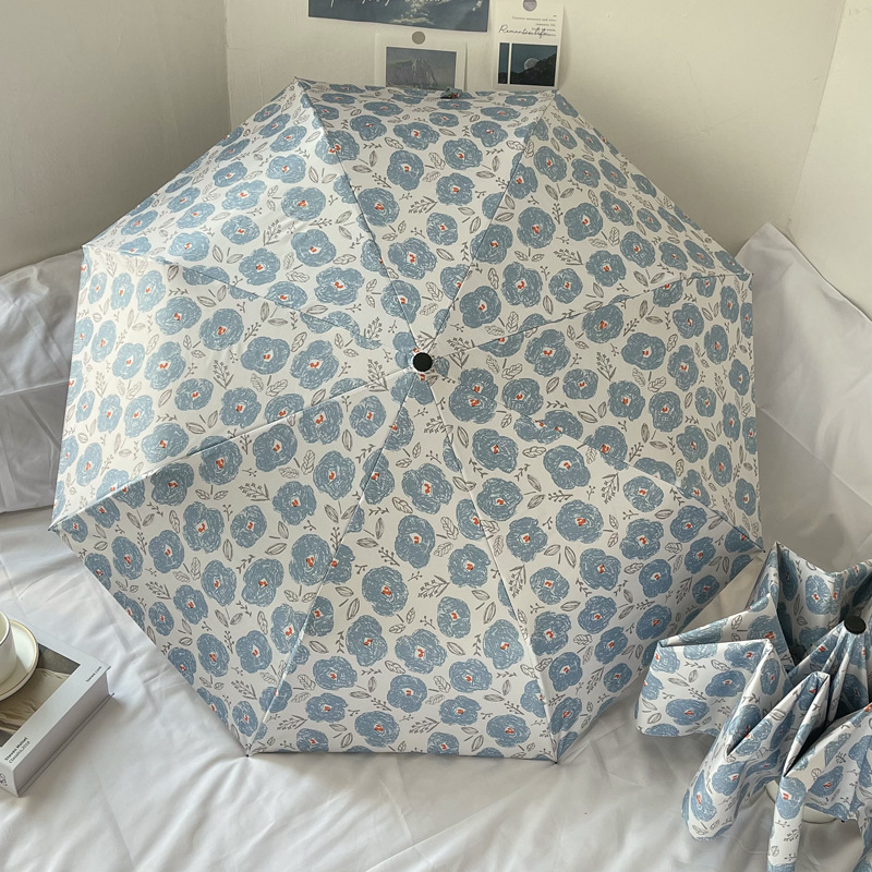 Gentle Pastoral Style Automatic Folding Umbrella Women's Dual-Use Oil Painting Small Blue Flower Sunshade Sun Umbrella Sunscreen Women
