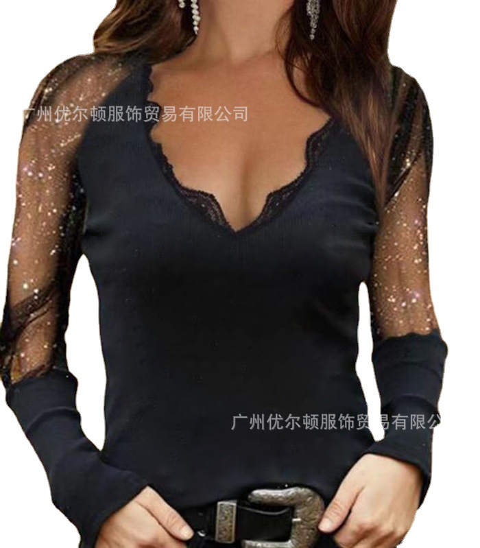 2022 Amazon wish European and American Cross-border Spring New Women's Solid Color Fashion V-neck Long Sleeve Top T-shirt