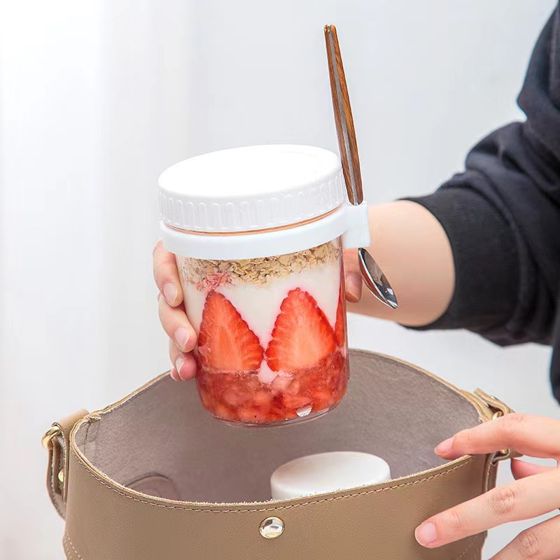 Amazon Overnight Oatmeal Cup 16oz Breakfast Cup with Spoon Portable Glass Cup Shaving Cup Dry and Wet Separated Oatmeal Cup