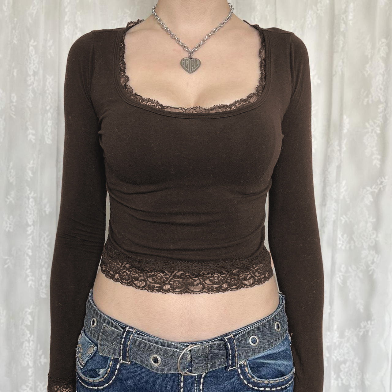 2023 cross-border women's clothing Amazon best selling cotton long sleeve T-shirt lace stitching umbilical square collar T-shirt women's clothing wholesale