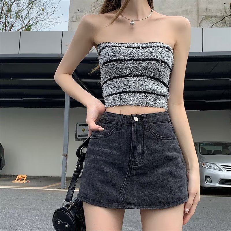 Sweet and spicy anti-exposure denim skirt for women spring  new style hip-covering high-waist a-line skirt slimming shorts skirt