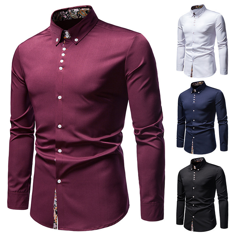 Cross-border 2022 new men's long-sleeved shirt European and American style youth casual lapel slim color matching shirt men's wholesale