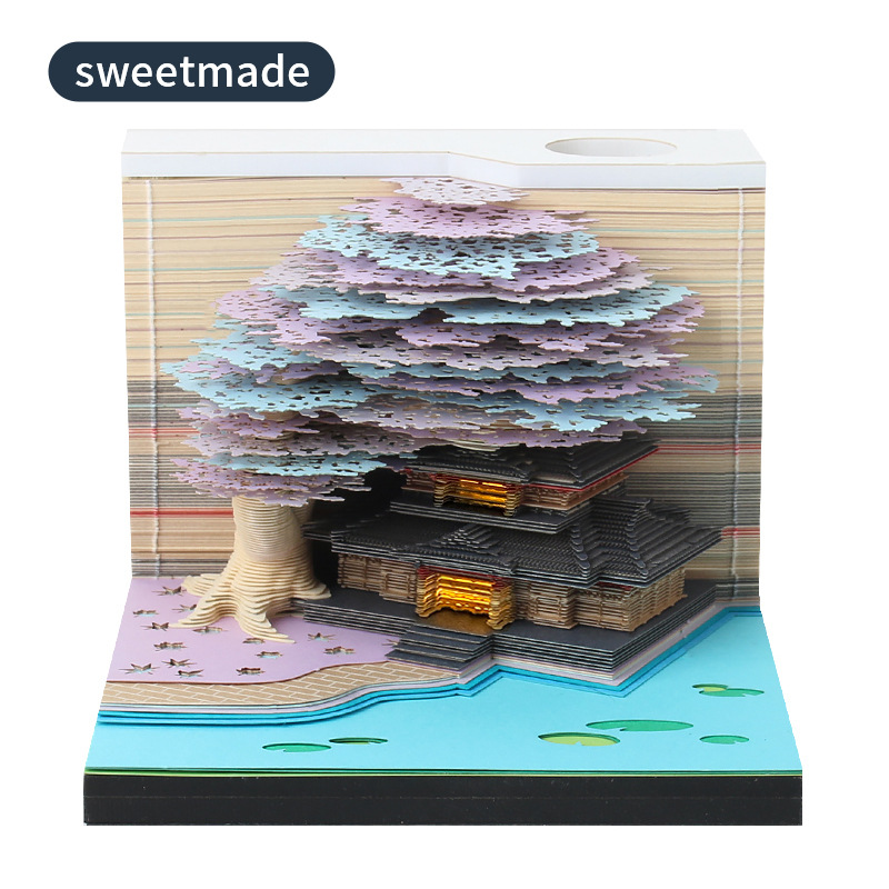 Flower Clusters 3d Stereo Notes Paper Carved Calendar Custom Tree House Building Model with Light Tearable Creative Gift