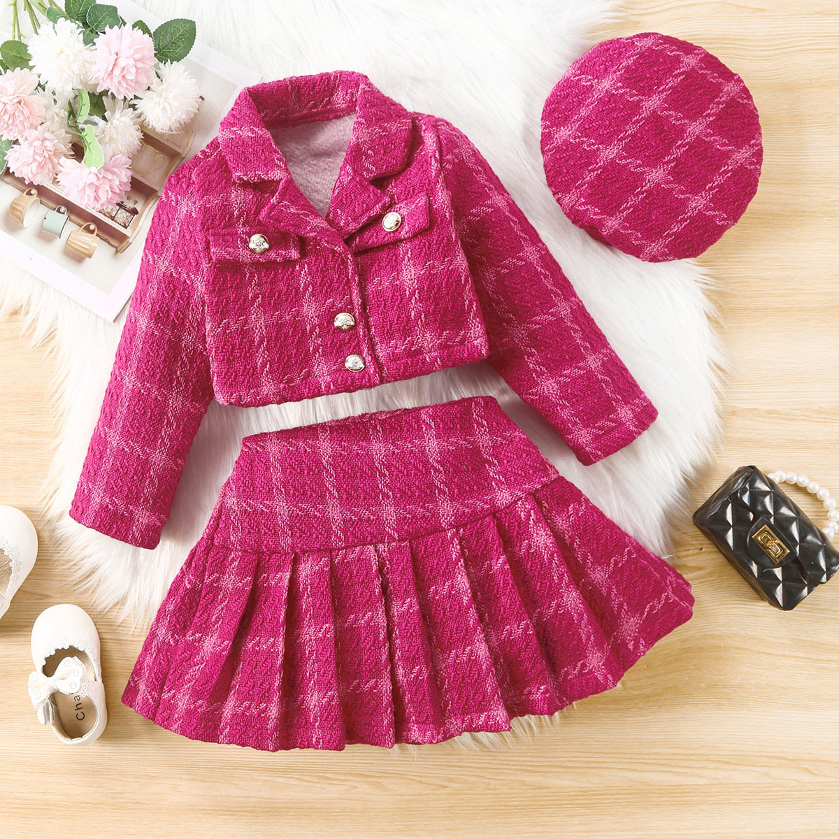 Children's clothing cross-border foreign trade girls' Plaid Lady sweet Chanel style thickened suit skirt + hat AliExpress