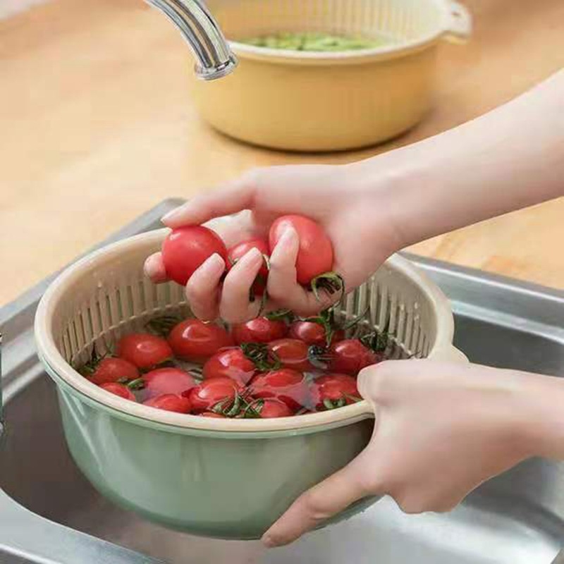 Wheisse Kitchen Round Water Filter Basket Vegetable Washing Basket Fruit and Vegetable Storage Washing Basket Household Double-Layer Draining Basket Drip Basket