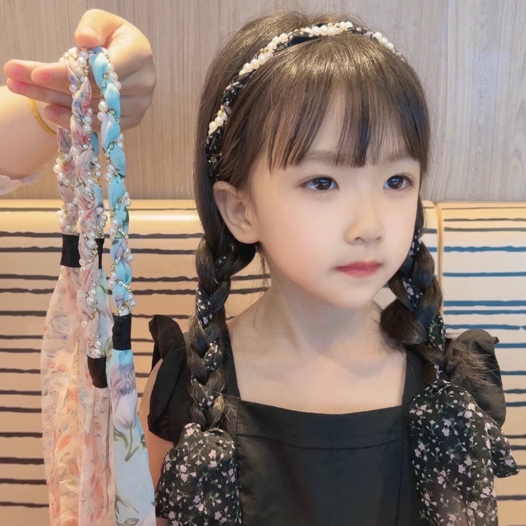 Children's braided hair scarf floral ribbon hair band integrated hair rope girl's pearl headband ponytail hair tie hair rope summer