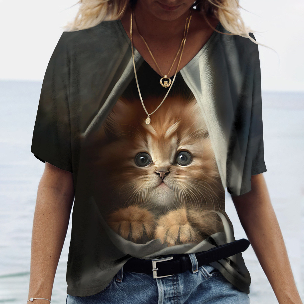 New Cat Women's V-neck T-shirt loose casual printed 2023 casual temperament AliExpress shrimp skin hot selling top