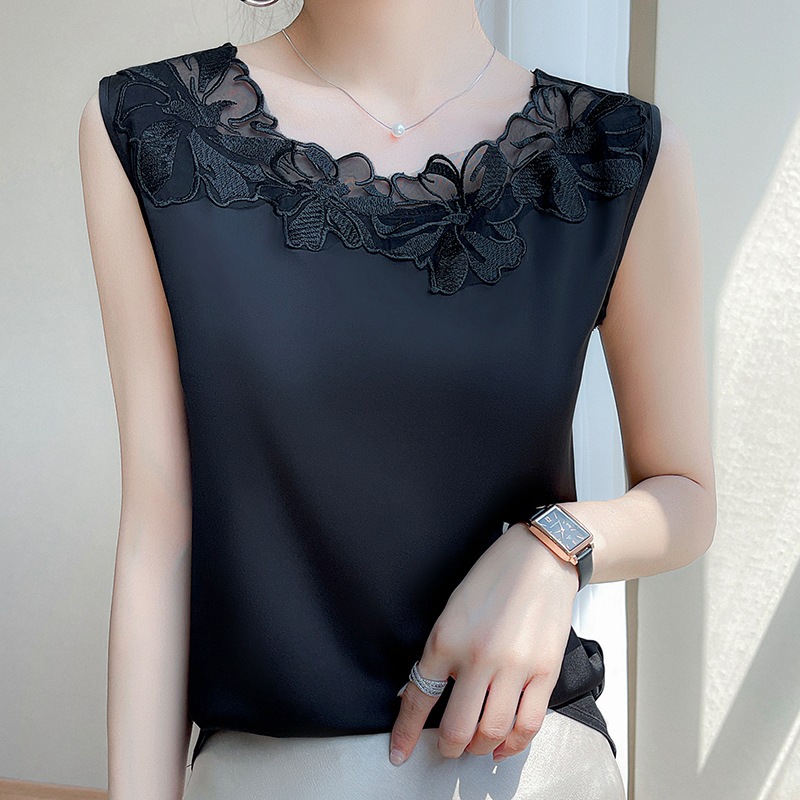Silk Satin 2024 Spring and Summer New Women's Round Neck Sleeveless Vest T-shirt Mesh Stitching Top All-match Base Shirt
