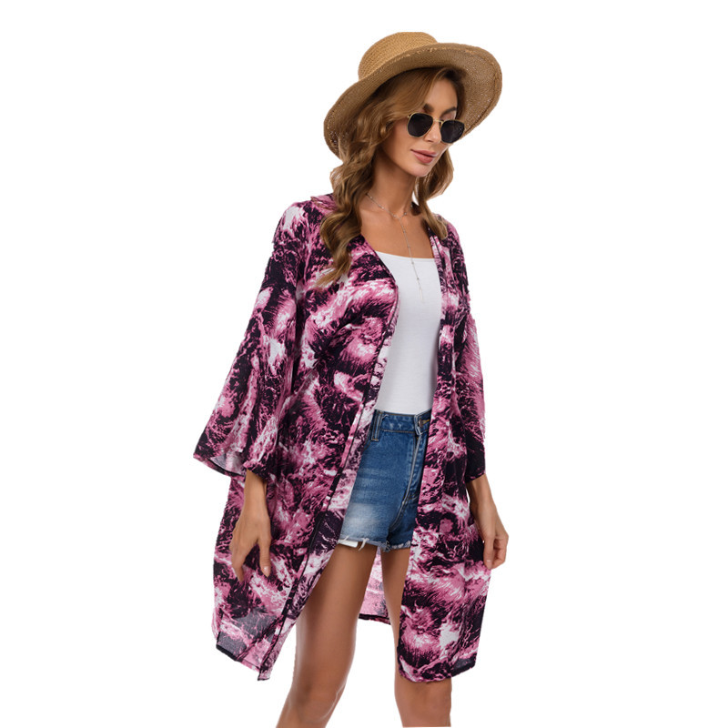 European and American Leopard Print Beach Dress Sunscreen Shirt Cross-border Women's Mid-length Beach Blouse Printed Chiffon Top Cardigan Women