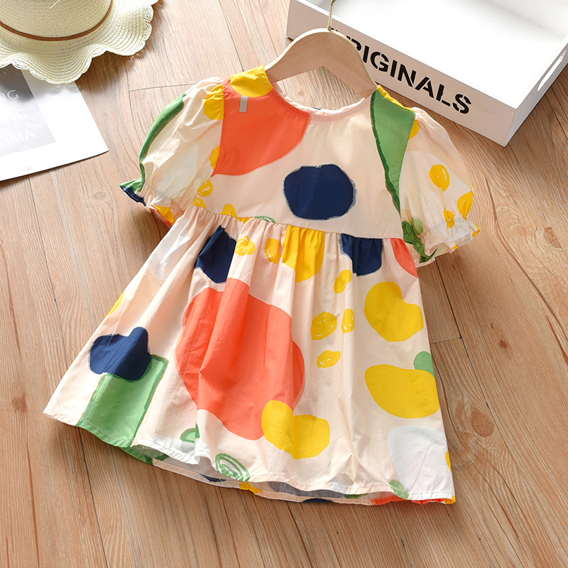 Girls' Dress Summer Puff Sleeve Princess Dress 2021 New Korean-style Short-sleeved Colorful Spot Internet Red Lining Dress