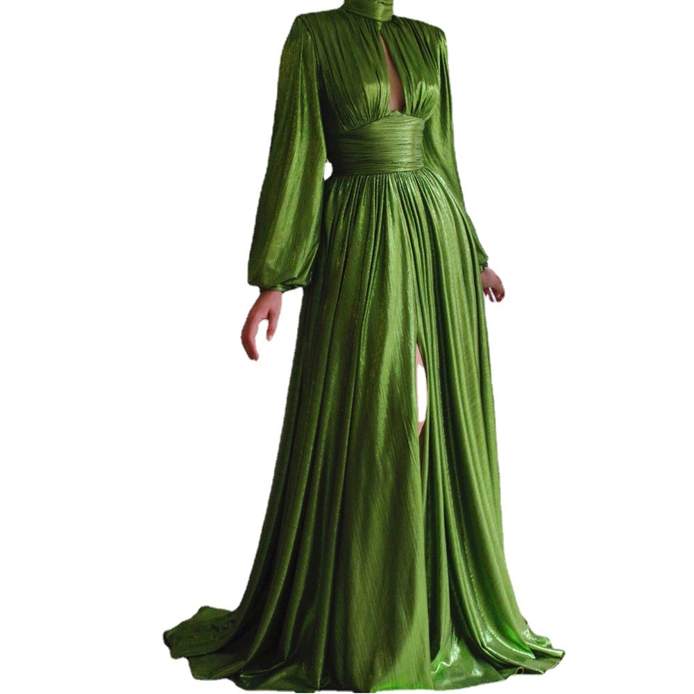 2024 cross-border spring and summer popular color tight waist halter large swing sexy avocado green dress color long dress for women