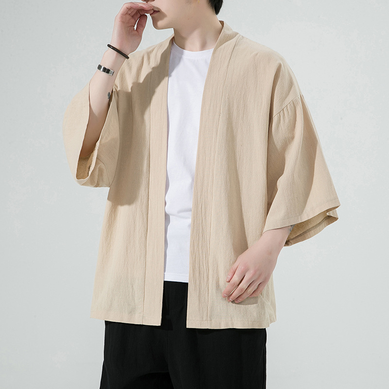 Foreign Trade 2023 Chinese Style Spring and Summer Cotton and Linen Seven-Sleeve Cardigan Robe Shirt Men's Loose Sunscreen Cape Coat