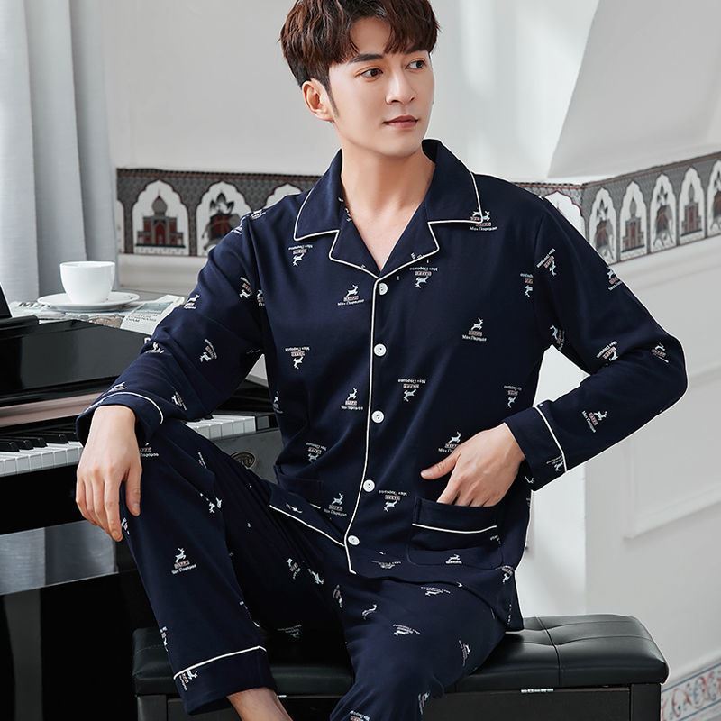 Fashionable Double-sided Cotton Pajamas Men's Long-sleeved Spring and Autumn Plus Size Green Middle-aged Casual Winter Home Suit