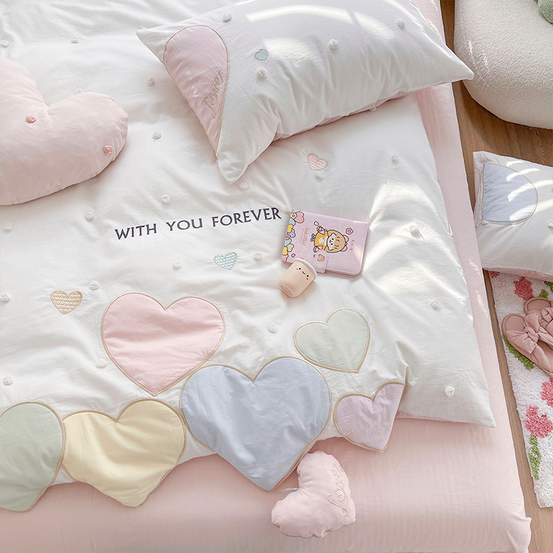 Love pendant | Princess style Korean style fur ball pure cotton washed cotton four-piece cotton girl's heart bedding