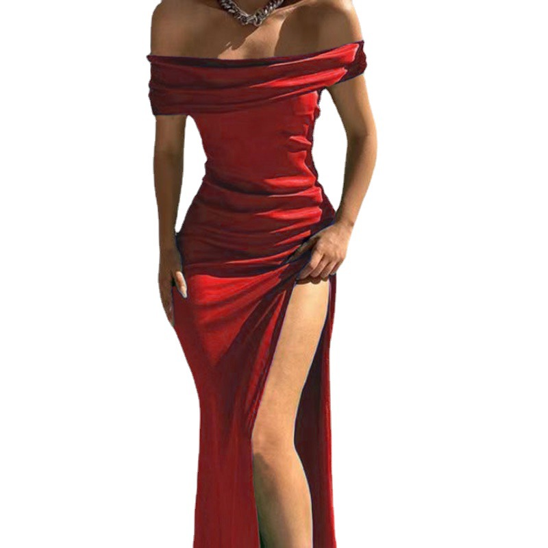 Foreign Trade New Tight Dress Women's Solid Color Sleeveless Mid-length One-neck Dress Sexy Dinner Dress