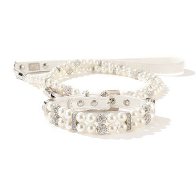 Pet collar 009 white pearl collar leash suit cross-border best-selling dog belt cat chain collar