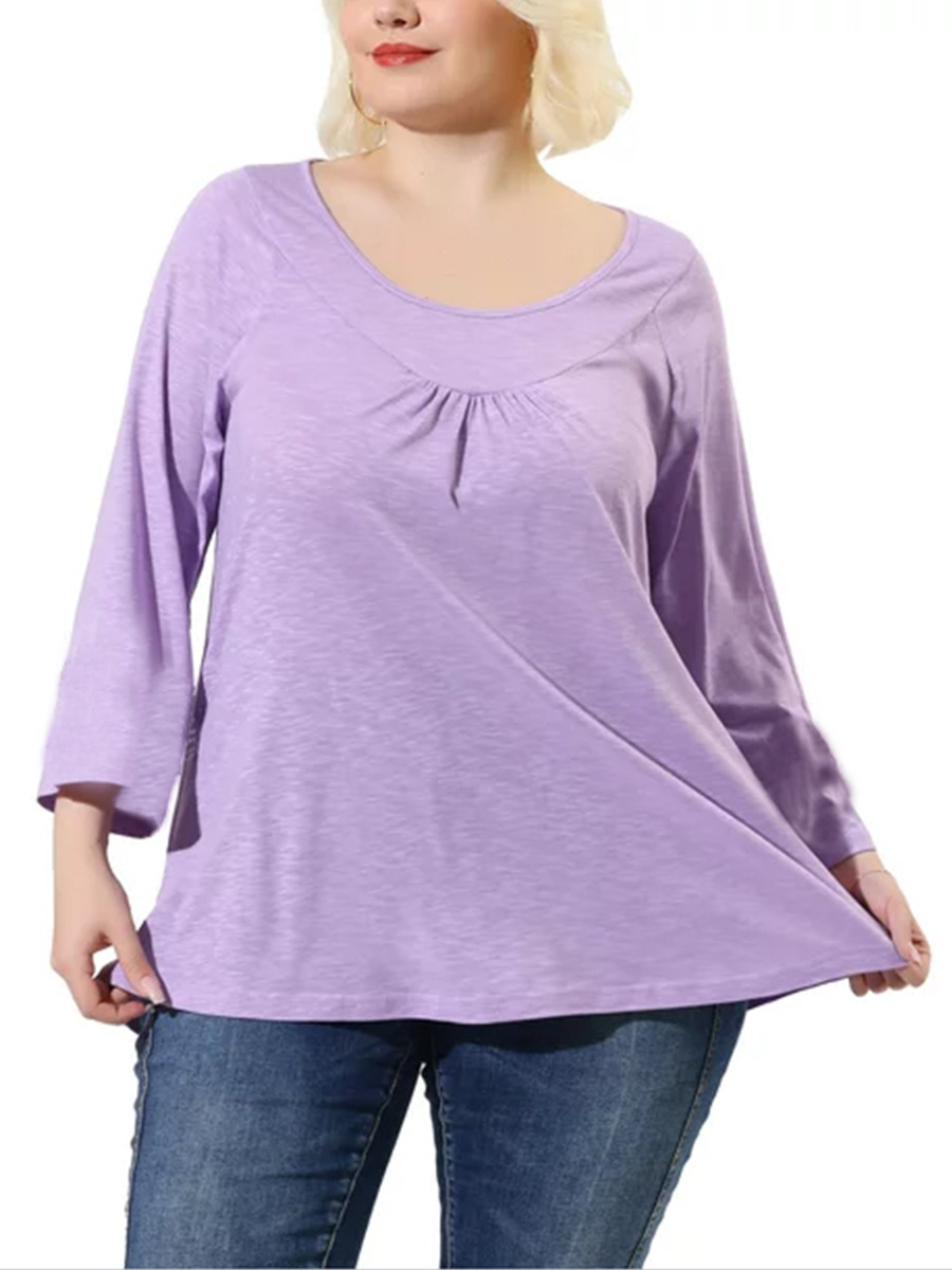  New Amazon AliExpress European and American Style Large Size Pleated Round Neck Loose Long Sleeve Top