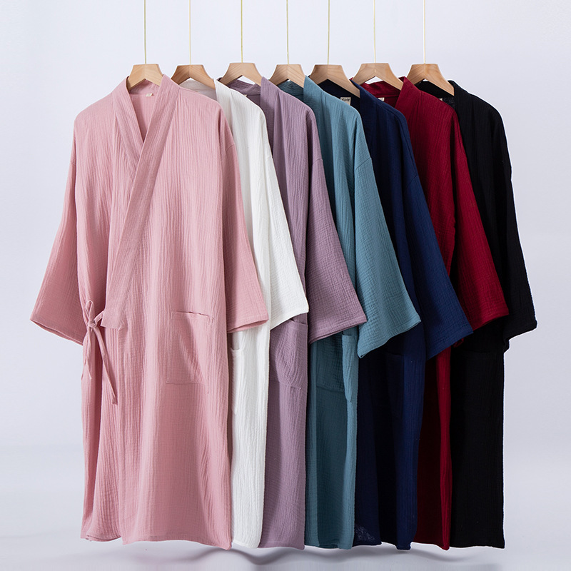 Japanese Couple's Nightgown Women's Nightgown Spring and Autumn Kimono Pure Cotton Men's Large Size Lace-up Hanfu Bathrobe Sweatshirt