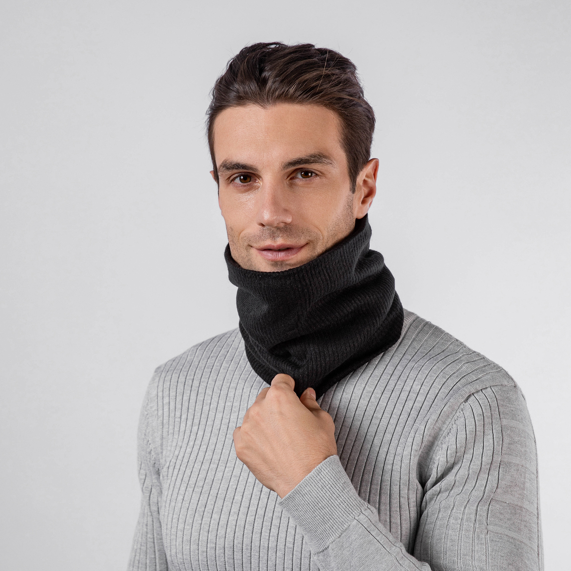 Autumn and Winter double layer fleece-lined scarf outdoor pullover couple solid color collar warm single circle knitted scarf cover wholesale