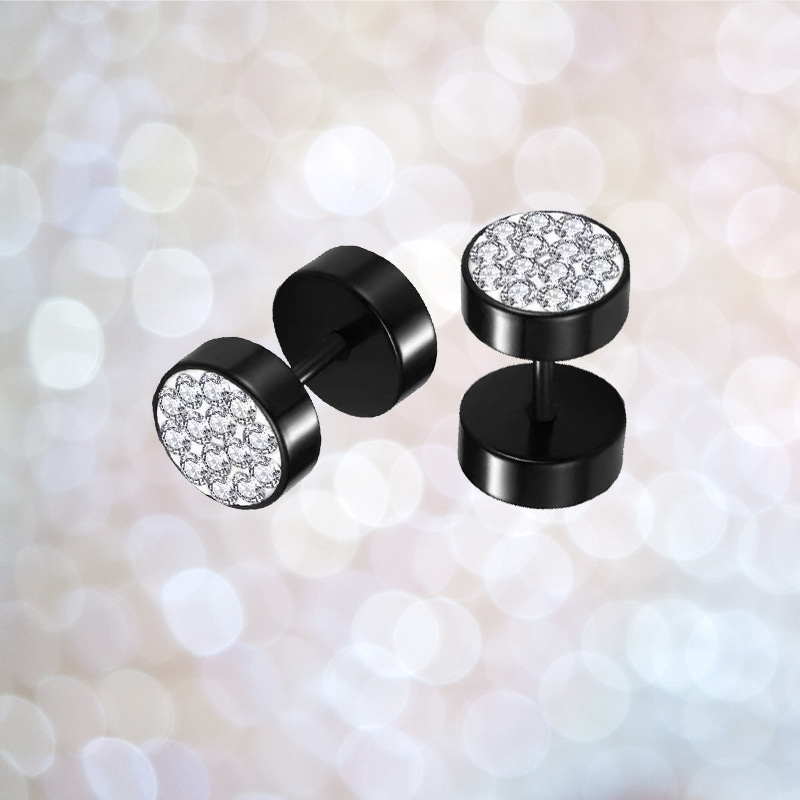 Wholesale stainless steel gypsophila rhinestone trendy men's personality dumbbell earrings mud rhinestone round cake fashion earrings earrings