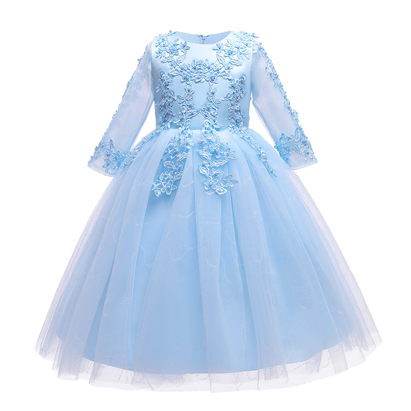 Flower girl dress long sleeve Princess sequined mesh sleeve children's long wedding dress puffy mesh girl princess dress