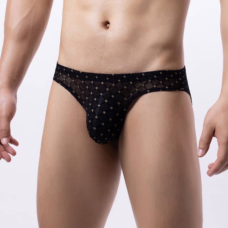 In accordance with the cool men's triangle sexy black gold mesh translucent Plaid underwear low waist breathable color matching a generation of hair
