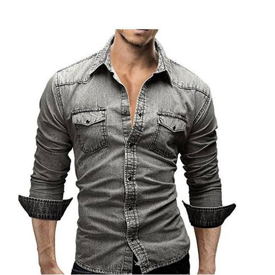 Foreign Trade Cross-border New Men's Long-sleeved Shirt European and American Style Youth Casual Solid Color Stitching Men's Denim Shirt for Men