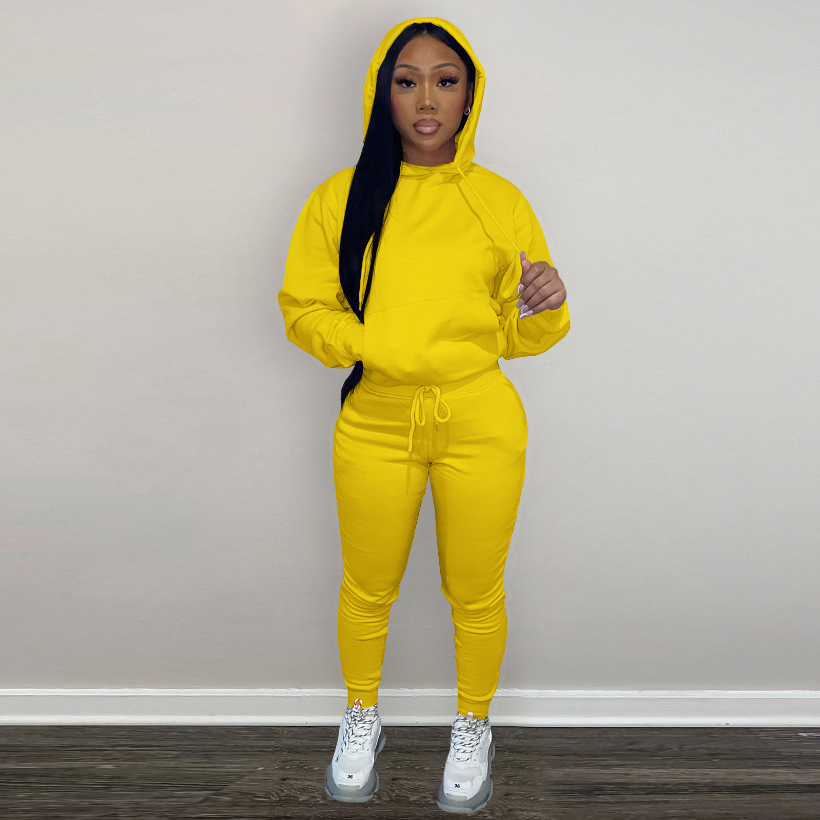 HR8197 European and American women's clothing  independent station supply autumn and winter plus velvet drawstring hooded two-piece set_voghion.com