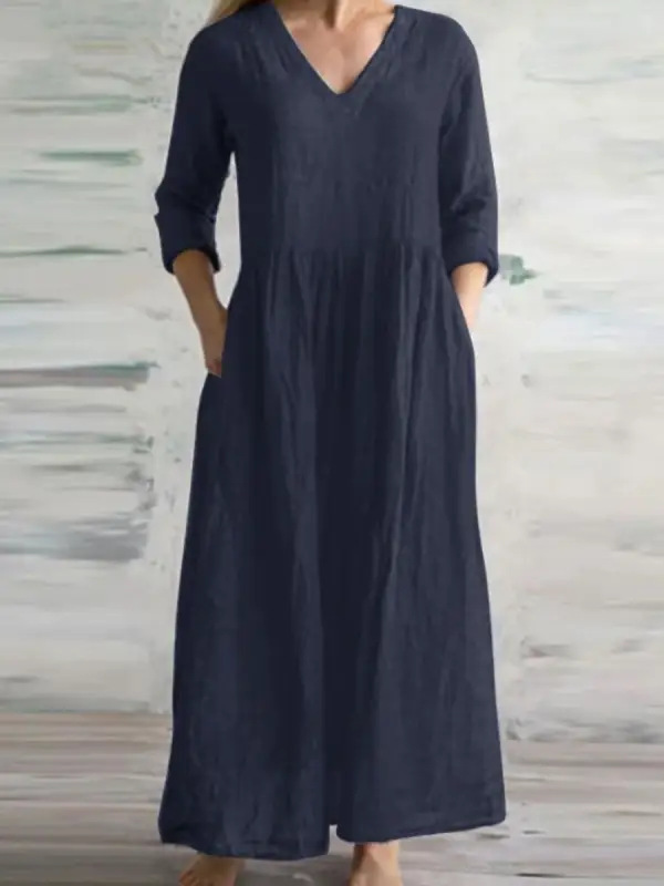 2023 foreign trade dress V-neck women's cross-border Women's cotton and linen dress pocket V-neck half sleeve pleated dress women