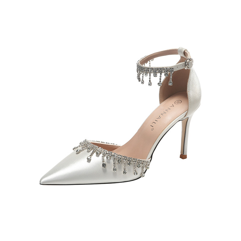 White main wedding dress wedding shoes satin one word with women's summer fashion tassel chain high heels black temperament hollow sandals
