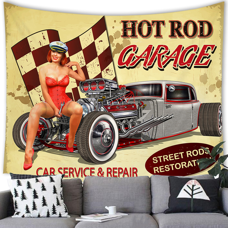 Cross-border supply of American retro car repair shop peach skin velvet wall hanging factory supply to figure G196